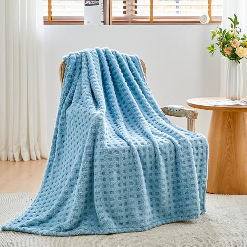 NEWCOSPLAY 3D Waffle Checkered Flannel King Blanket, Blue, 90"x110" - color: Blue, size: King(90"x110")