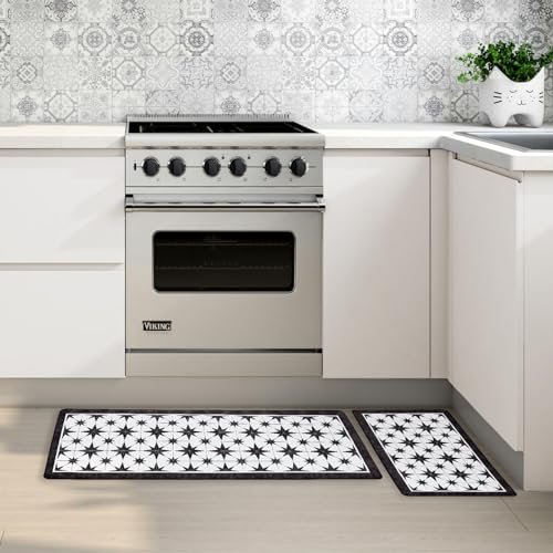 블랙 주방 러그 2개 세트, 피로 방지, 43.9cmx70.1cm(17.3x27.5인치)+43.9cmx119.9cm - color: 별 타일-블랙