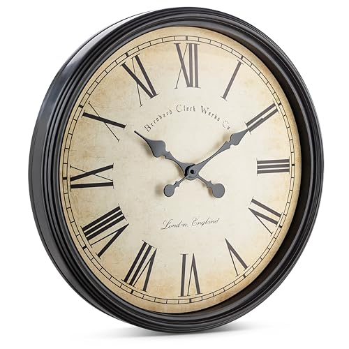 Bernhard Products Large Decorative Wall Clock 20 Inch Silent Non Ticking Battery Operated Quartz Vintage Stylish with Rustic Black Rim for Home Living/Dining Room Kitchen & Over Fireplace - style: Rustic Black
