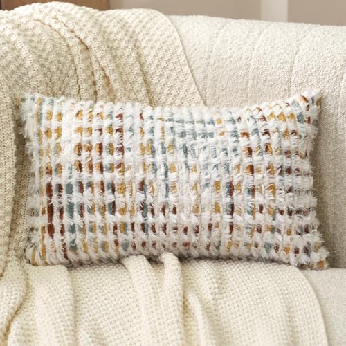 Aeckself Boho Chenille Tufted Pillow Cover 12 x 20 Inch, Rectangle Decorative Lumbar Throw Pillow Cover Neutral Pillowcase for Couch Bedroom Living Room, Orange White - color: Orange White, size: 20" x 12" (Pack of 1)
