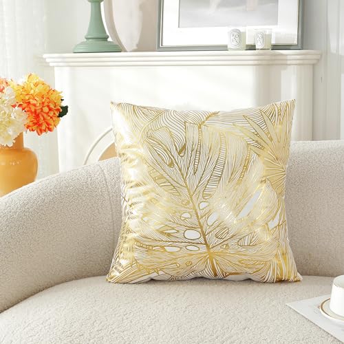 TAOSON Pack of 4, Gold Stamping Leaves Bronzing Printed Cozy Soft Throw Pillow Cases Cushion Covers Shells for Sofa Couch Bed Home Decoration 18 x 18 Inches - color: Gold Leaves, size: 18" x 18" (Pack of 4)