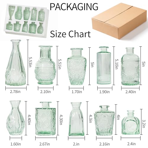 Sage Green Glass Bud Vases, Set of 10 Boho Wedding Centerpiece - color: Sage Green