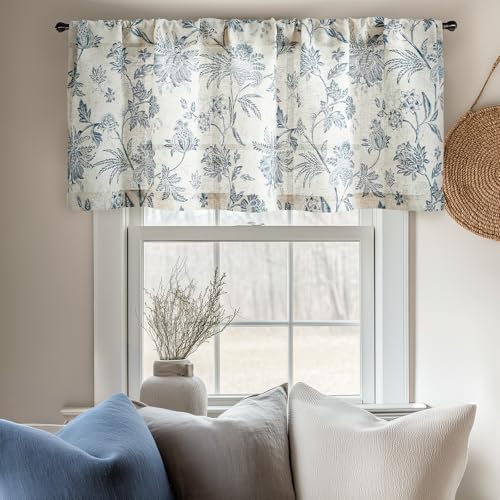 Vangao Linen Valance Curtain Farmhouse Cottage Floral Small Window Curtain Light Filtering for Kitchen Rustic Valance for Living Room Bedroom Rod Pocket 1 Panel Blue on Beige - color: Jacobean Blue, size: 50"W x 16"L (Pack of 1)