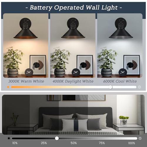 KELUOLY Black Battery Operated Wall Sconce, Vintage Wall Lights Battery Powered Sconces Wall Lamp Fixture Farmhouse Cordless Wall Lights Set of 2 with Remote Adjustable for Bedroom Industrial Hallway - color: Black