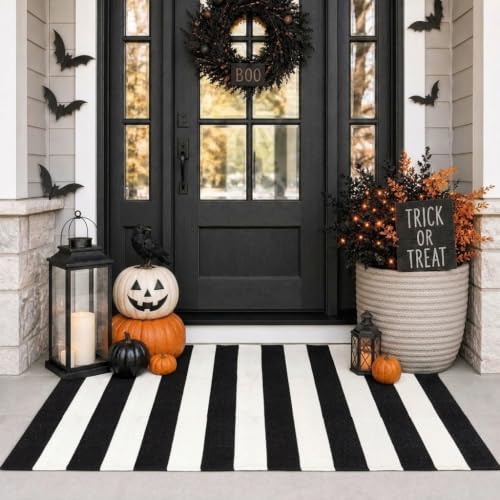 LEEVAN 2x4.3 Small Black and White Striped Layered Woven Outdoor Door Mats - color: Black and White (Thick Stripe), size: 2' x 4'3" (Rectangular)