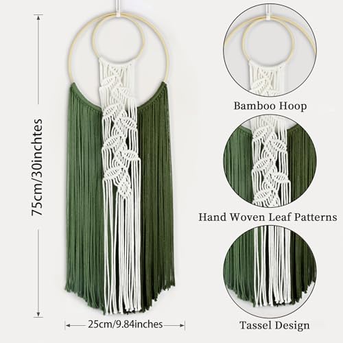 LB Boho Macrame Wall Hanging, Green Woven Tapestry with Double Circular Rings Wall Hanging Decor Boho Macrame Decor for Living Room Apartment Office Backdrop,10X30 Inch - color: Green