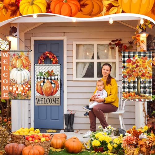Tegeme 3 Pcs Fall Door Sign Flag Decoration Autumn Pumpkin Hanging Banner - style: Autumn