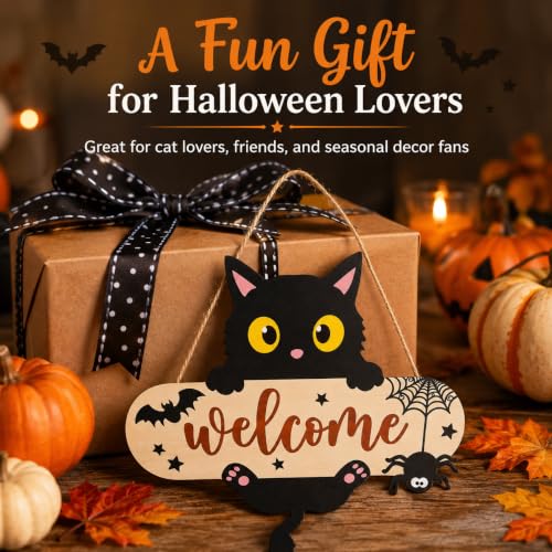 Halloween Welcome Sign, Black Cat Hanging Door Decor for Porch Wall Yard