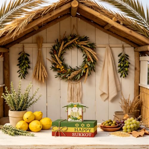 Smile Sukkot Wooden Block Decor, Happy Sukkot Star of David and Sukkah Shelf Tiered Tray Tabletop Signs for Jewish Holiday Decor - style: Sukkot