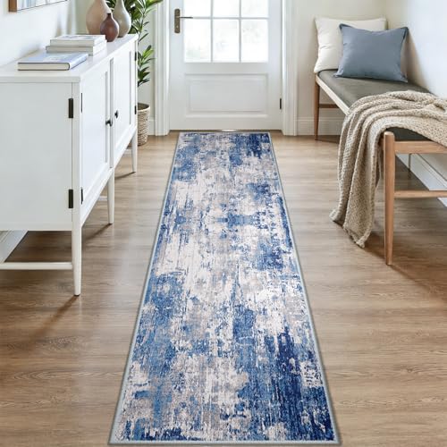 RELEANY Washable Runner 2'x9' Abstract Area Rug for Hallway Blue Gray - color: Blue/Gray, size: 2' x 9' (Runner)