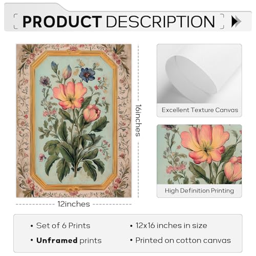 Indian Wall Art Vintage Floral Canvas Poster India Wall Decor Folk Flower Prints Scandinavian Pictures Antique Botanical Painting Gallery Artwork for Bedroom Living Room 12x16 Inch Unframed Set of 6 - color: Indian Floral Prints, size: 12"x16" Unframed