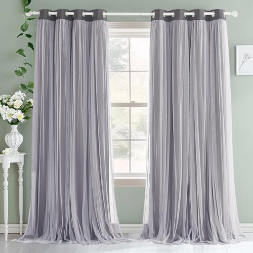 Dark Grey Blackout Curtains with White Sheer Overlay for Girls Bedroom/Drom - color: Grey, size: 52"W x 63"L (Pack of 2)