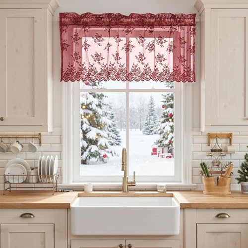 Kotile Burgundy Lace Valance for Windows Rustic Floral W52xL18 Inch 1 Panel - color: Burgundy