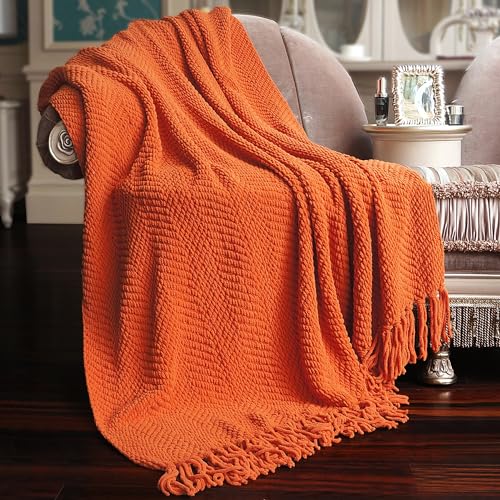 Home Soft Things Orange Throw Blanket Knitted Tweed Throw 50'' x 60'', Burnt Orange, Super Soft Cozy Warm Comfortable Breathable Throw for Living Room Chair Couch Bed Sofa Bedroom Home Décor - color: Burnt Orange, size: 50 in x 60 in