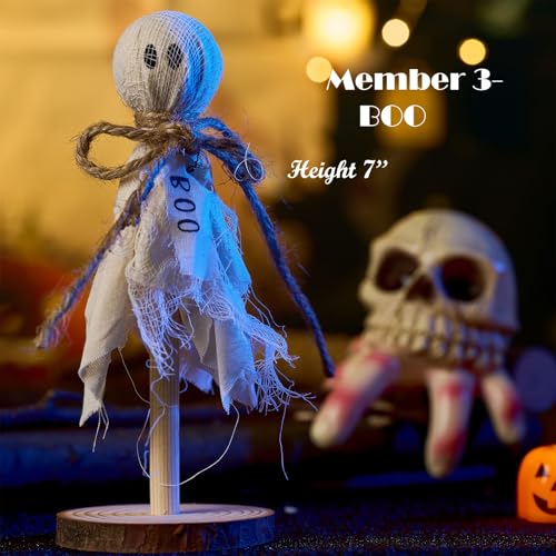 Halloween Decorations Indoor - Set of 3 Primitive Ghosts on Wooden Stand for Table, Shelf and Mantel - Handmade Cotton and Linen Spooky Decor for Room