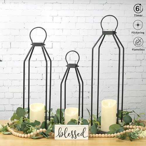 Perfnique Modern Farmhouse Lanterns, Set of 3 Black Metal Lanterns w/ 6hr Timer Flickering Flameless Candles, Decorative for Outdoor Decor, Front Porch, Indoor, Patio, Garden, Fireplace, Christmas - color: 23inch & 20inch & 15inch