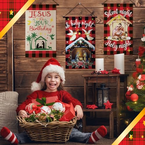 Tegeme 3 Pcs Nativity Christmas Door Sign Flag Christmas Holy Night Door Banner Jesus Nativity Flag 12 x 19 Inch Holiday Hanging Decoration for Home Outdoor - style: Xmas