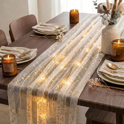Artscope Lighted Beige Gold Gauze Table Runner,Glitter and Foil Table Decor for Weddings Anniversary Birthday and Holiday Party Decorations – 28" x 120" - color: Beige Gold