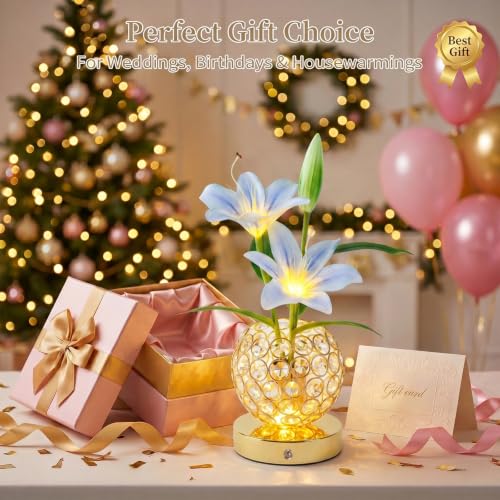 Stargazer Lily Crystal Table Lamp, Rechargeable Touch Flowers Lamp - color: Blue