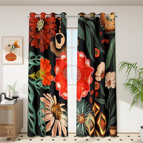 Tyrot Black Floral Grommet Blackout Curtains, 52W x 63L, 2 Panels - color: Crimson Shadow, size: 52"W x 63"L (Pack of 2)