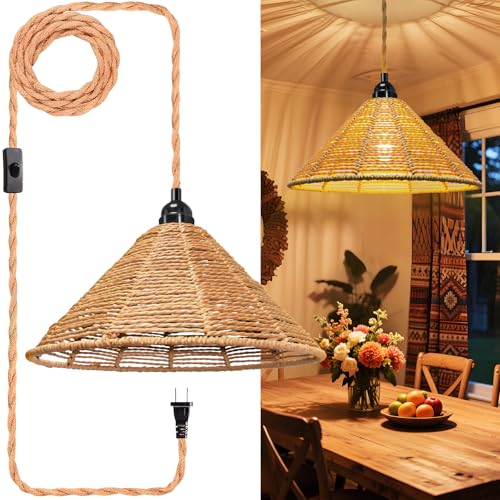 Maliralt Hanging Lamps Rattan Pendant Light - 16.4ft Plug in Cord Hanging Light Fixture Plug Into Wall Outlet Pendant Lighting with On Off Switch for Bedroom Living (Industrial Shade) - size: 7.88 Inch - Industrial Shade