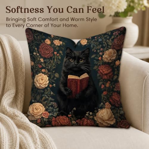 OUZ Vintage Reading Cat Whimsical Throw Pillow Cover,Decorative Pillowcase - color: Brown-cat02