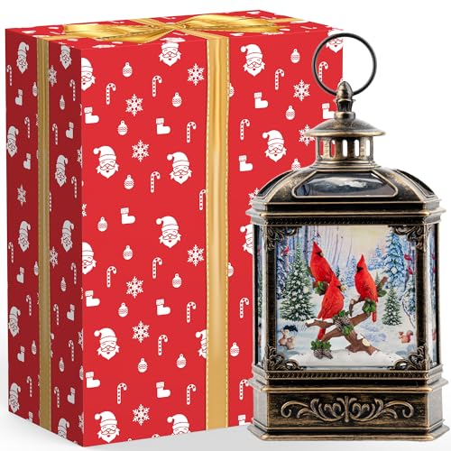 Christmas Snow Globe Lantern 3 Cardinal Perched on a Branch Musical Snow Globe with Swirling Glitter, Christmas Holiday Party Gifts and Decorations - color: 10.1'' Cardinals
