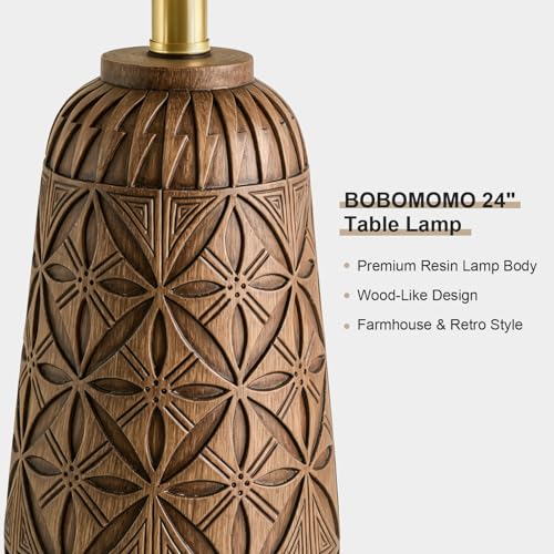 BOBOMOMO 24" Modern Farmhouse Table Lamp, Geometric Hand-Carved Resin Bedside Lamp with Wood Grain Finish, Rustic Nightstand Lamp for Bedroom & Living Room, Cottage Decor, Rotary Switch - color: Vintage Brown
