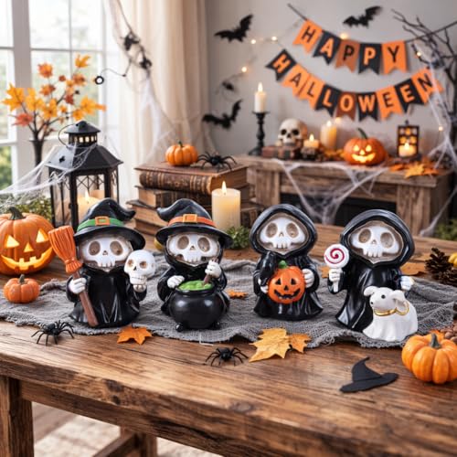 Halloween Figurines Set of 4 Halloween Decorations Indoor Table Decor Mini Skeleton Figurines Witch Skull Resin Statues Shelf Mantel Tiered Tray Decor Cute Spooky - color: Black