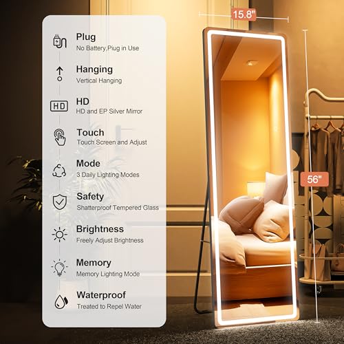 Full Length Mirror with Lights, 56" x 15.8" LED Lighted Floor Standing Body Mirror, Dimmable & 3 Color Lighting for Cloakroom, Dressing Room, Tempered Glass, Rounded Corner Black - color: Black, size: 56"L x 15.8"W
