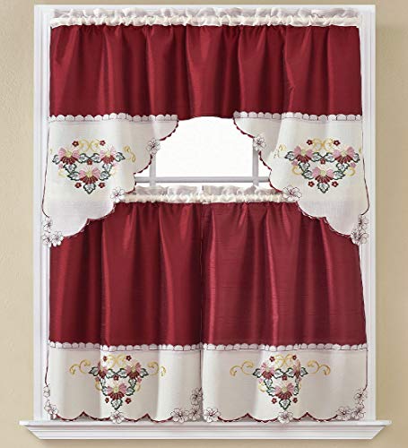 B&H Home Natalia Floral Embroidered 3-Piece Kitchen Curtain Window Treatment Set (Natalia Burgundy) - color: Natalia Burgundy