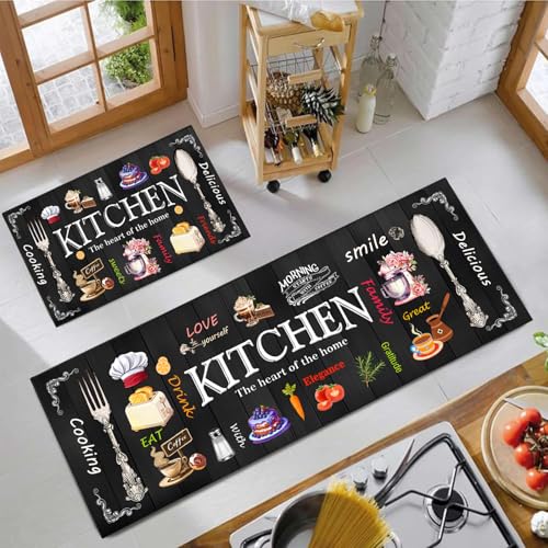 Kitchen Mats for Floor 2 Piece Set,Farmhouse Kitchen Rug Vintage Style Theme Decor,Absorbent Washable Non-Slip Floor Mats 17"x47"+17"x30" - color: Kitchen Home Black