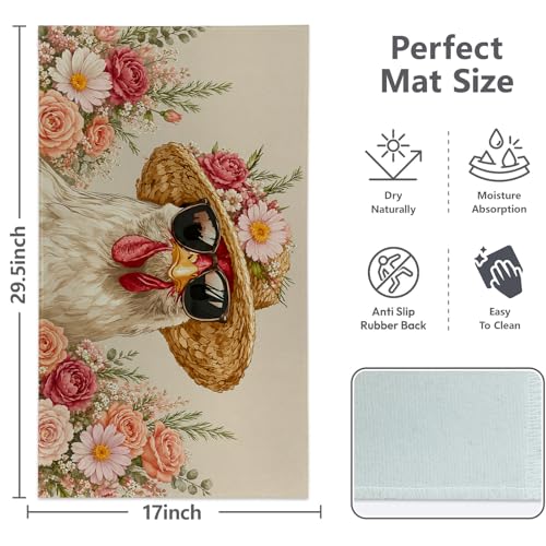 Funny Chicken Floral Door Mat Indoor 17x29.5 Inch, Rustic Garden Doormat for Kitchen Bathroom, Farmhouse Bloom Decorative Floor Pad Gifts, Nonwoven Entry Rug, Non Slip Dot Plastic Backing - color: Chicken