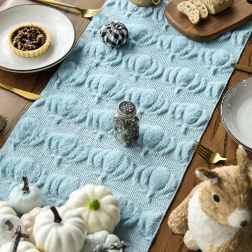 Artoid Mode Blue Soft Faux Fur Pumpkins Fall Table Runner 13x72 Inch - color: Blue, size: 13" x 72", Table Runner