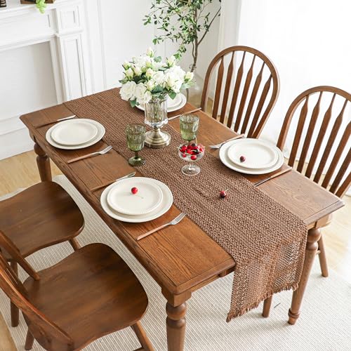 Simple&Opulence Boho Macrame 100% Cotton Table Runner - 12 x 60 Inch, Woven Farmhouse Table Runner with Fringed Edges for Bohemian Rustic Wedding, Bridal Shower, Dinner (Brown) - size: 12"x60", style: Cotton / Brown