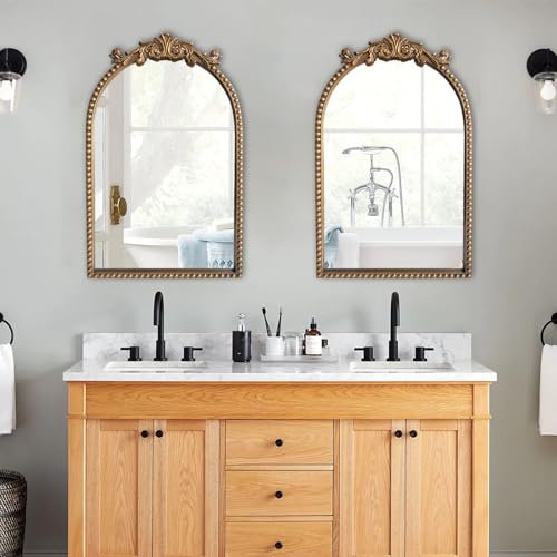 BAODANFU Arendahl Traditional Vintage Arch Mirror, 20" X 30" Baroque Ornate Accent Wall Mirrors Decorative Beaded Frame for Bathroom Sink, Entryway, Bedroom Vanity, Over Mantel Fireplace Wall Decor - size: 32"L x 20"W
