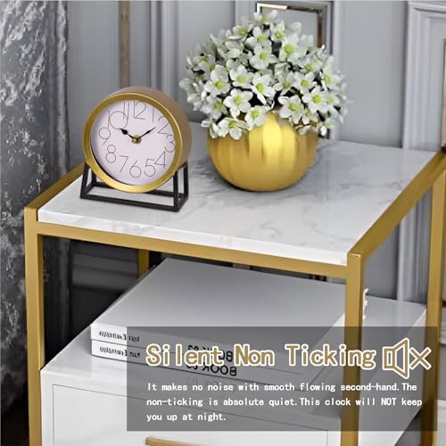 Modern Golden Table Clock on Stand, Decorative Desk and Shelf Clock, Mantel Clock Farmhouse Clock Non-Ticking, Home Décor for Living Room, Bedroom, Bedside, Desk, Gift Clock (Gold)