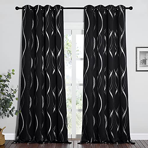 NICETOWN Black Out Curtains 102 inch Long 2 Panels Burg for Living Room, Extra Long Blackout Drapes for Office Window, Foil Printed Wave Lines Energy Saving Thermal Insulated Draperies for Bedroom - color: 1 - Black, size: 52"W x 102"L (Pack of 2)