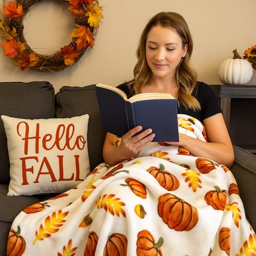 Fall Soft Fleece Throw Blanket, Pumpkin Leaves Wheat, 50" x70 Oversized - color: Fall Harvest