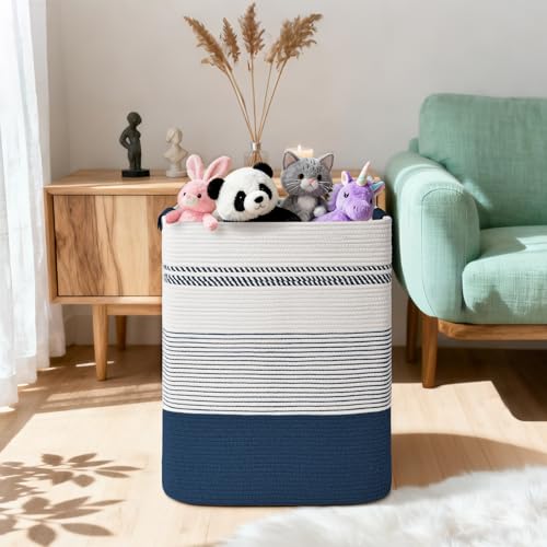 Laundry Hamper, 95L Tall Laundry Basket with Leather Handles, Rectangle Large Clothes Hamper for Organizing, Cotton Woven Laundry Baskets Storage Hampers for Bedroom, Nursery, Living Room - color: Dark Blue & White, size: 95L
