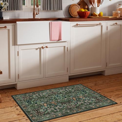 2x3 Floral Entryway Rug, Moss Green Soft Washable Boho Bathroom Rug - color: Dark Green / Multi, size: 2' x 3' (Rectangular)
