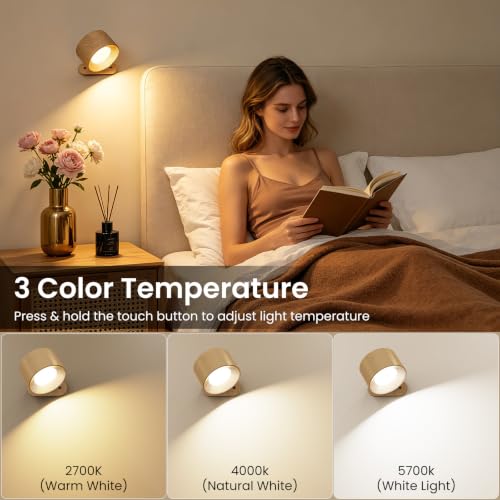 Koopala LED Sconces, Wall Mounted Lamps with Rechargeable Battery Operated USB Port 3 Color Temperatures & 3 Brightness Levels 360°Rotate Magnetic Ball, Cordless Lights for Reading Bedside - color: Wood-A