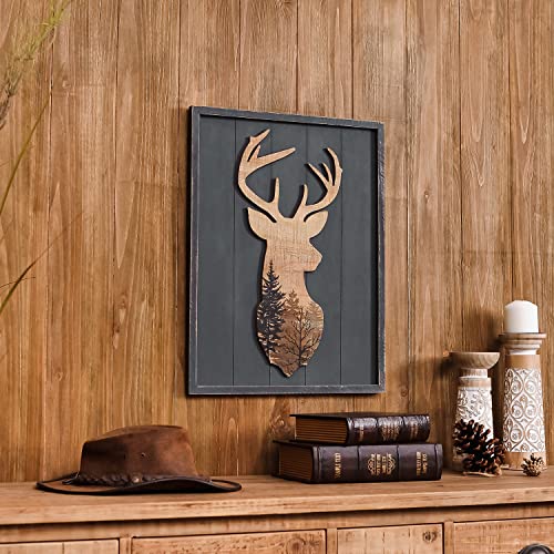 NIKKY HOME Cabin Wall Decor, Decorative Deer Wood Framed Forest Mountain Woodland Wildlife Lodge Elk Animal Picture Art Print Bathroom Decor, 16 x 21 Inches - color: Deer, size: 21"L x 16"W