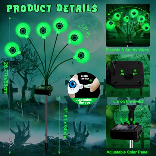 ZFNN Solar Halloween Decorations, 4 Pack 24 LED Spooky Eyeball Lights, Outdoor Waterproof Solar Green Firefly Lights for Garden Yard Patio Pathway Lawn Halloween Party - color: Green Eyeball, size: 4 Pack