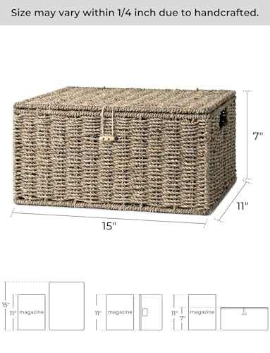 StorageWorks Wicker Basket with Lid, Storage Baskets with Lids, Seagrass - color: Natural(Seagrass), size: 15"L × 11"W × 7"H