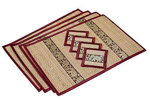 Hand-Woven Wicker Reed Placemats Coaster Set Eco-Friendly Heat Resistant Thai Style Durable Easy to Clean for Dining Table Set of 4 (Large, Burgundy) - color: Burgundy, size: Large