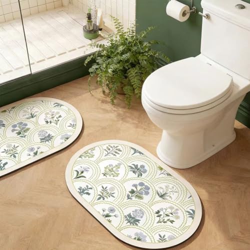 Vintage Floral Bathroom Rug Mat, 16"x24" Non-Slip Absorbent Bath Rug, Quick Dry Washable Entryway Rug, Retro Botanical Pattern Floor Mat for Bathroom, Kitchen, Bedroom (Green, Oval) - color: Oval,green, size: 24" x 16"