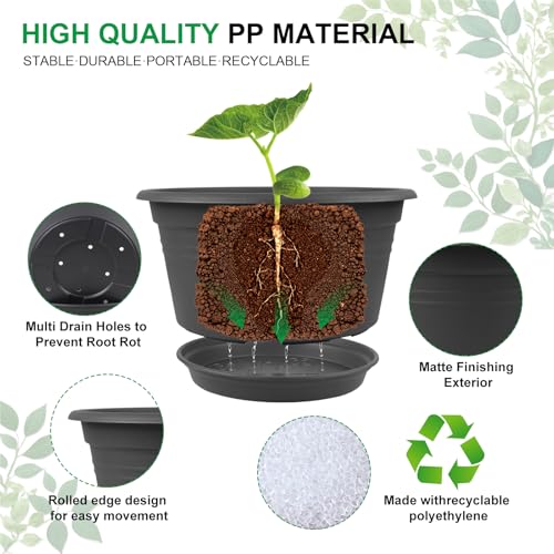 Large Flower Pots Set of 4 Pack 13 inch, Shallow Planter with Drainage Hole - color: Dark Gray, size: 13 Inch - 4Pack