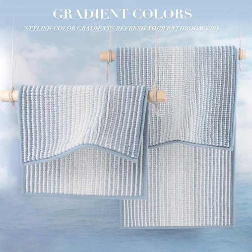 BSICPRO Bathroom Rugs Sets 2 Piece, Non Slip Striped Bath Mats, Ice Blue - color: Ice Blue, size: 20" x 32" Plus 16" x 24"