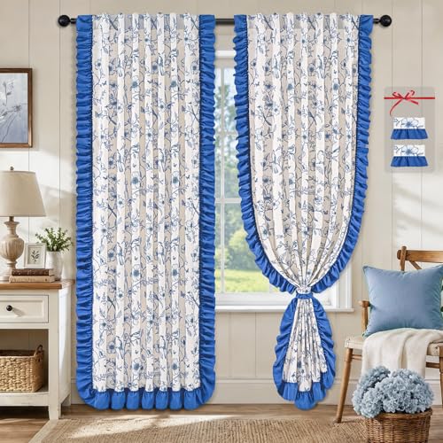 Yinhua Blue Floral Curtains for Living Room 84 Inch Length Farmhouse French Bedroom Curtains with Ruffle Tieback, Linen Light Filtering Window Curtain Rod Pocket Back Tab Drapes, 52"W x 84"L, 2 Panels - color: Blue, size: 52"W x 84"L (Pack of 2)